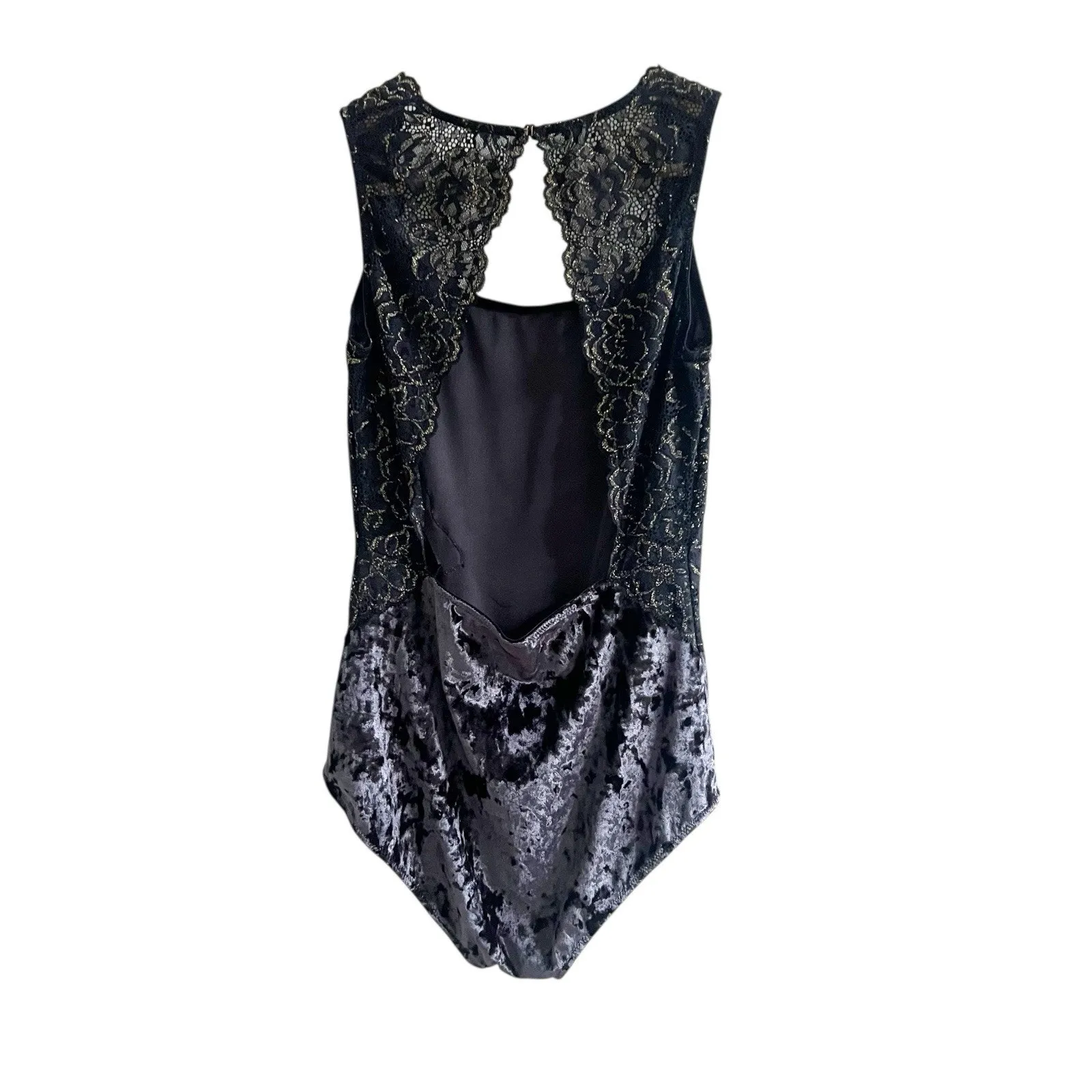 INC International Concepts Velvet Bodysuit Navy Gold Lace Size Medium Whimsygoth Blue - Image 2