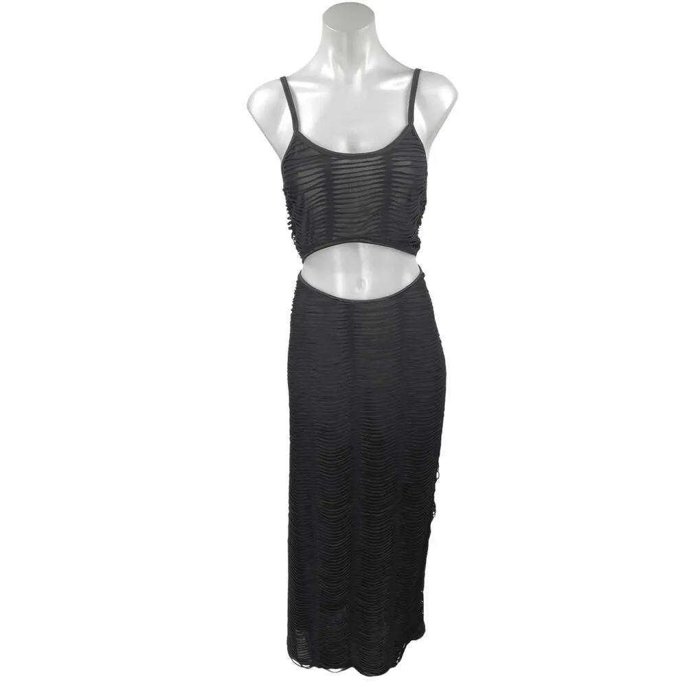 PrettyLittleThing Black Ruched Sleeveless Cut Out Cami Camisole Maxi Dress Sz 12 - Image 2