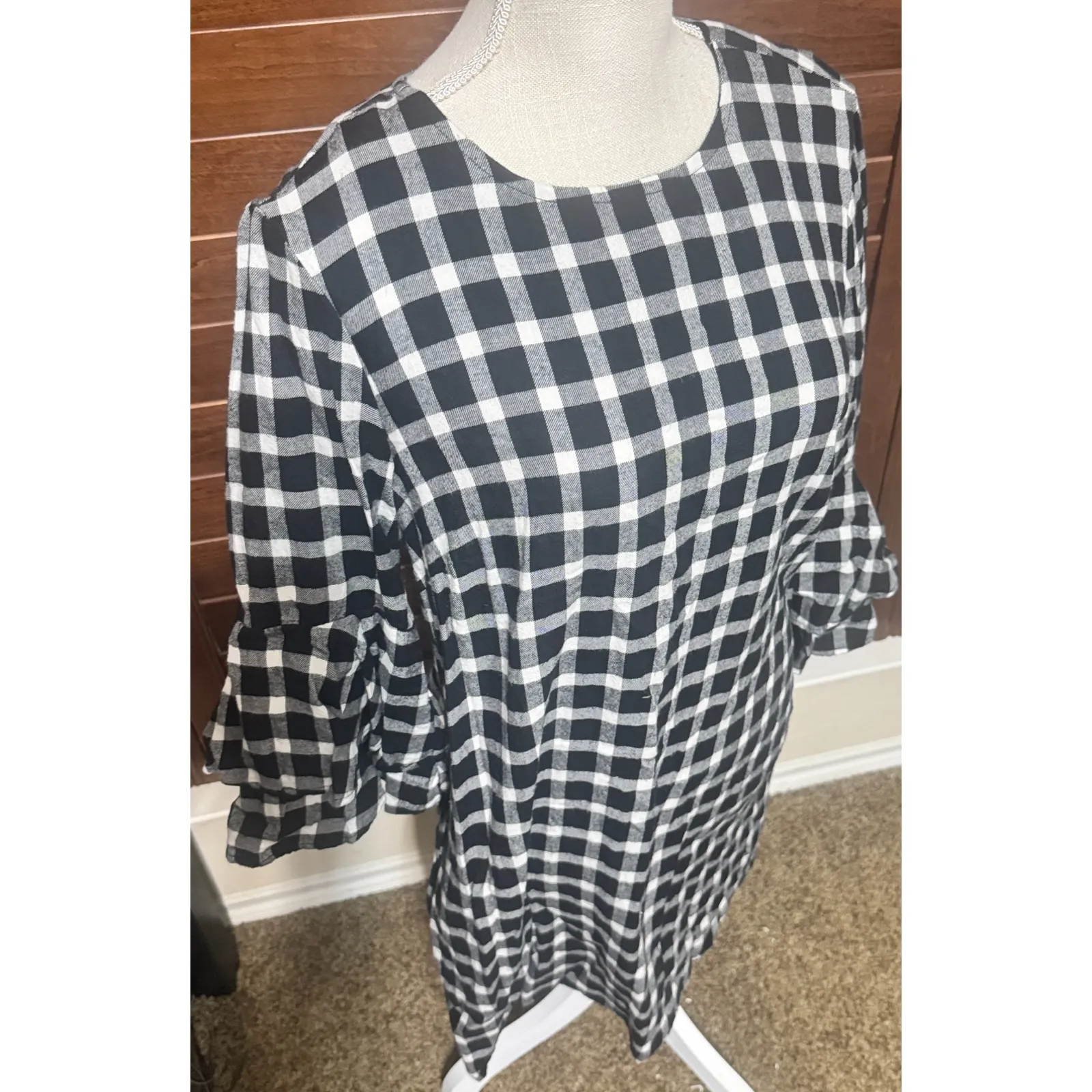 Beach Lunch Lounge Checkered Shift Dress Black White sz M bell sleeves academia Size M - Image 2