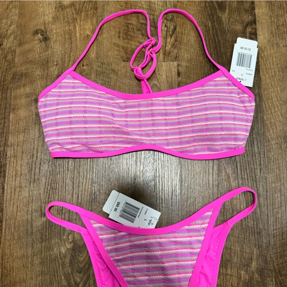 NWT L*space Pamela Tommy Bikini Set Sz Large Electric Pink Pique Stripe - Image 13