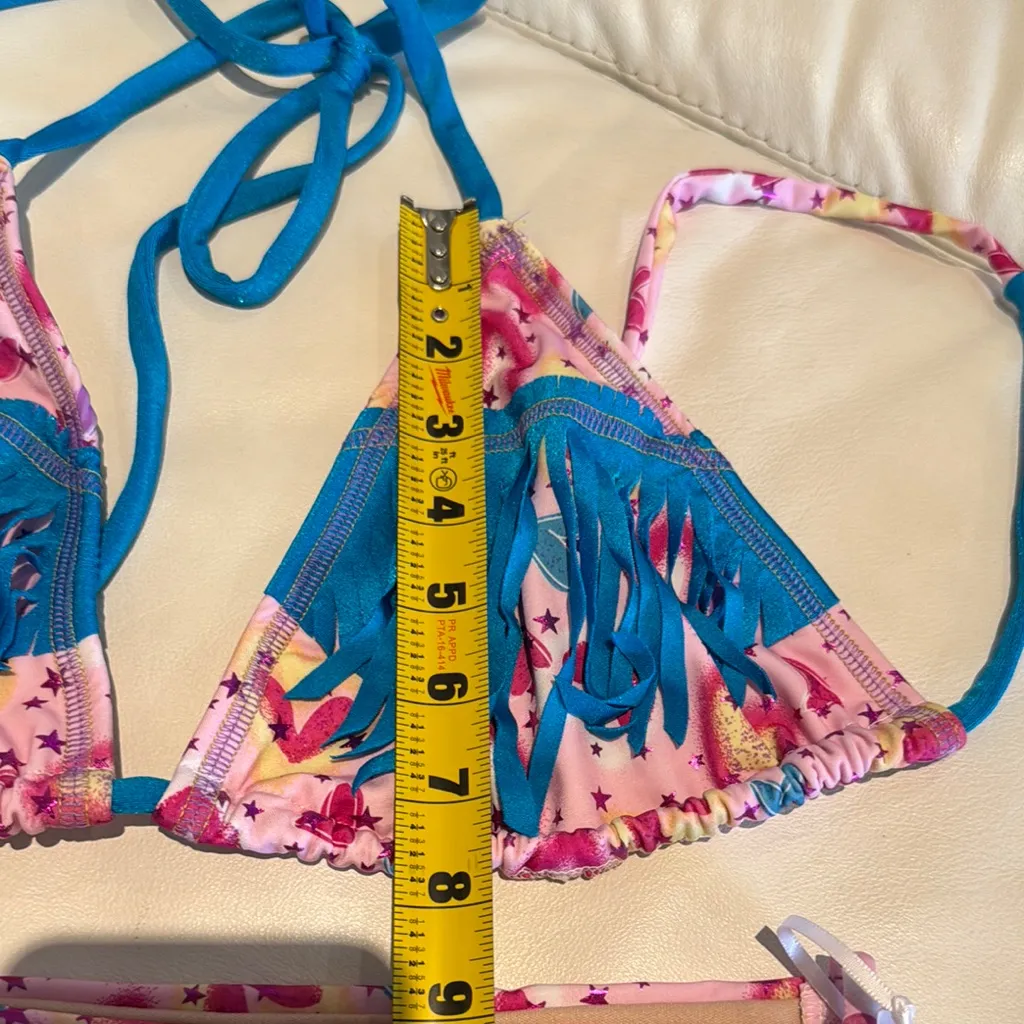 Women large Colorful Fringe triangle Bikini top side ties bottom hearts stitch Pink - Image 9