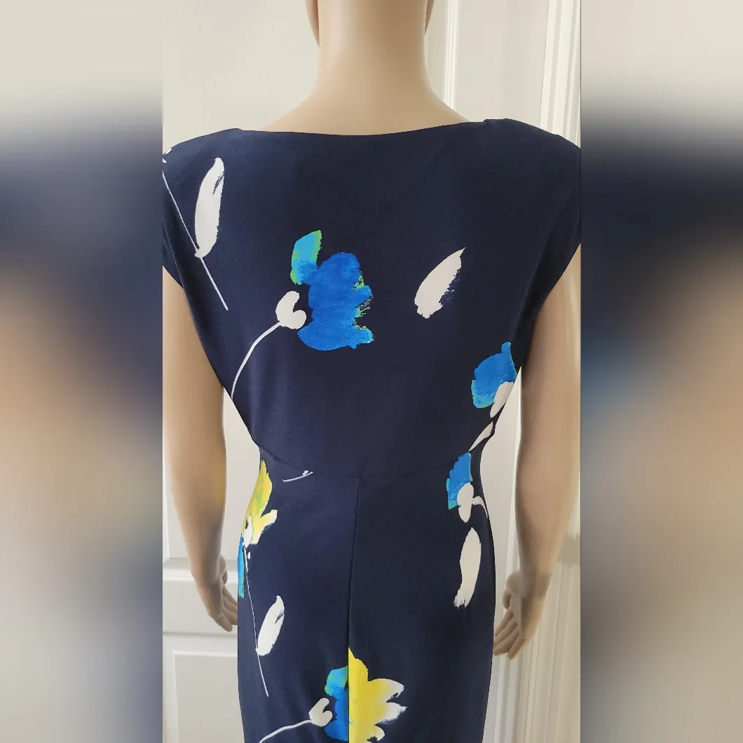 Ralph Lauren Navy Blue Floral Print‎ Jersey Ruched Dress Size 4 - Image 6