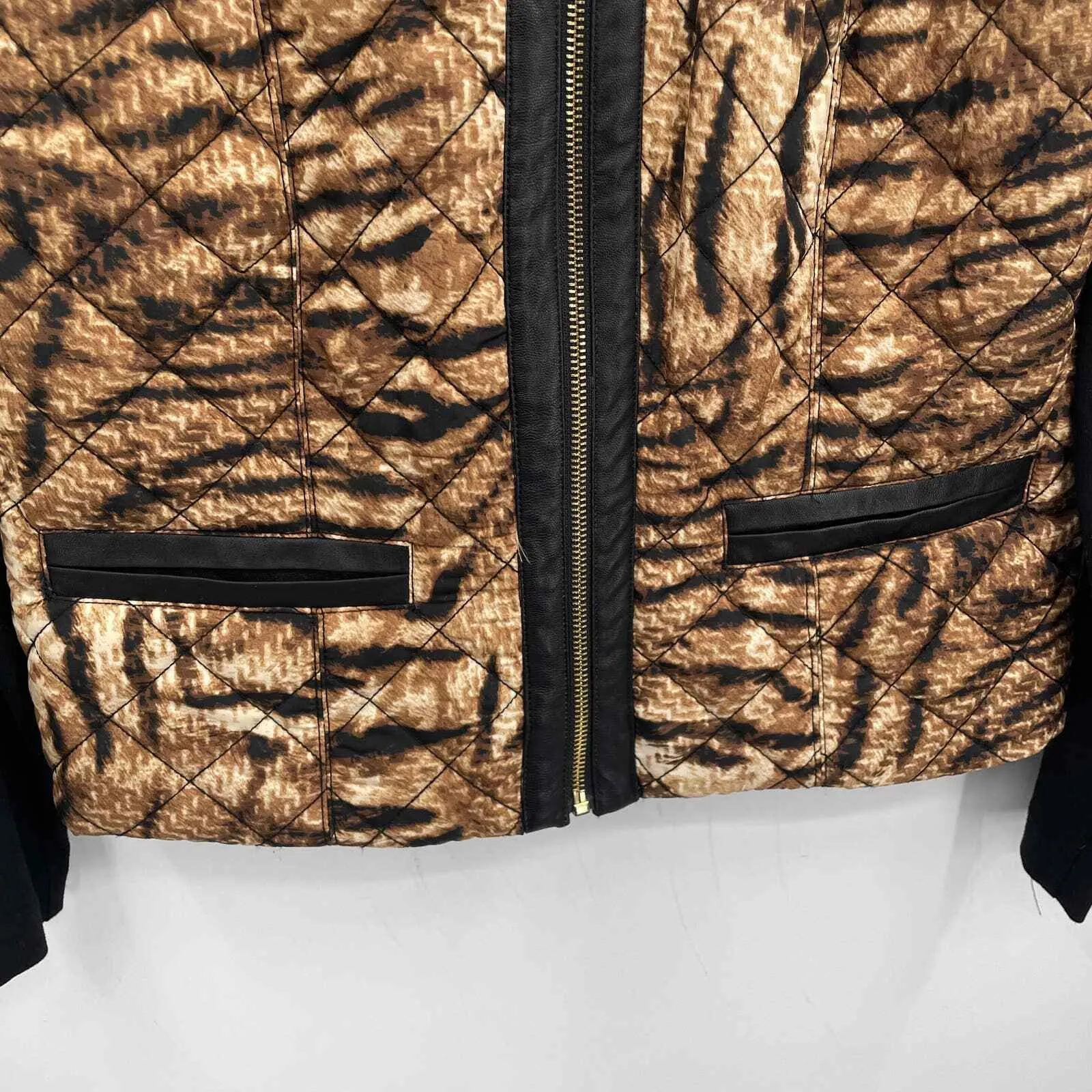 Ruby Rd.‎ Quilted Jacket Womens 10 Black Brown Animal Print Full Zip Rayon Blend - Image 6