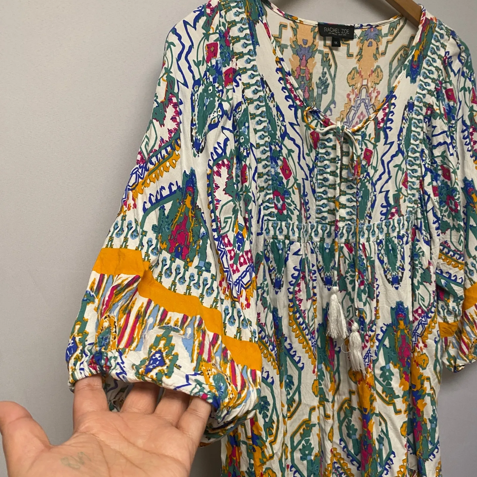 Rachel Zoe Bohemian Paisley Print Tunic Dress Tie Neck Tassel Ruffle Hem 1X - Image 4