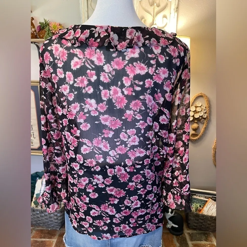 Notations Women’s Sheer Floral Ruffle Collar Sheer Blouse - Image 2