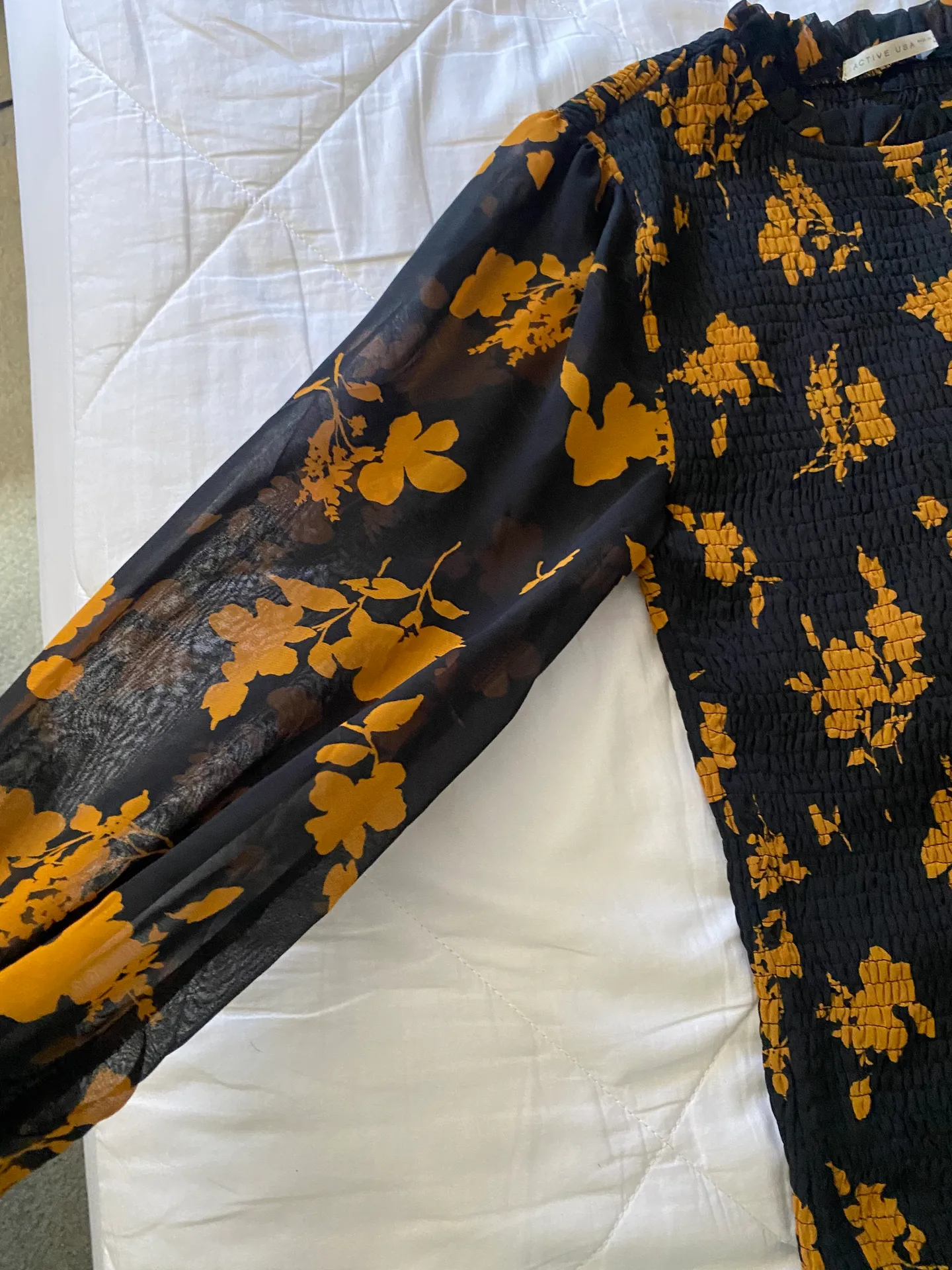 Autumn Black Mini Bodycon Dress With Orange Florals And Puff Sleeves - Image 6