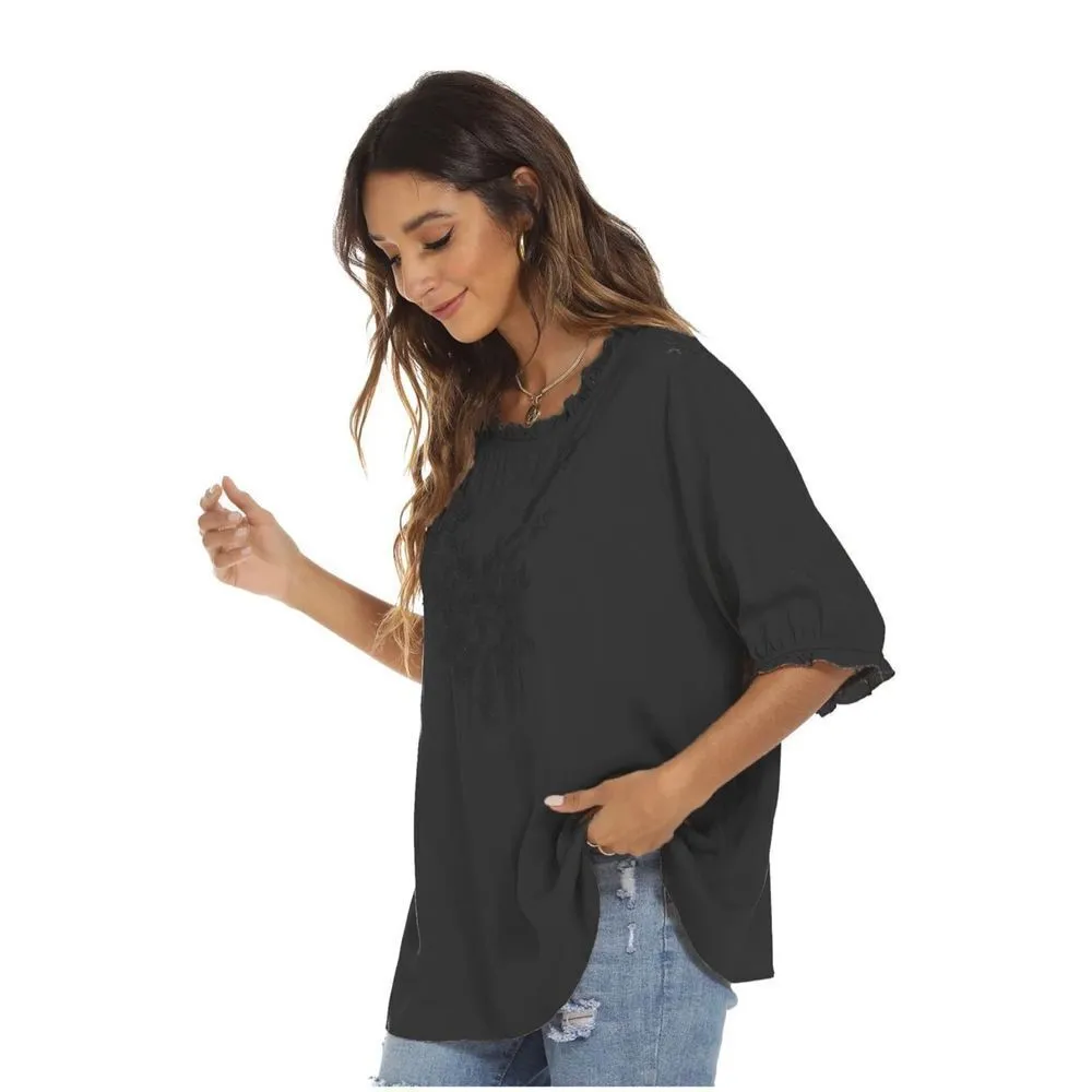 NEW Embroidered Rayon Tops Blouse Casual Embroidery Shirt XL Black - Image 5