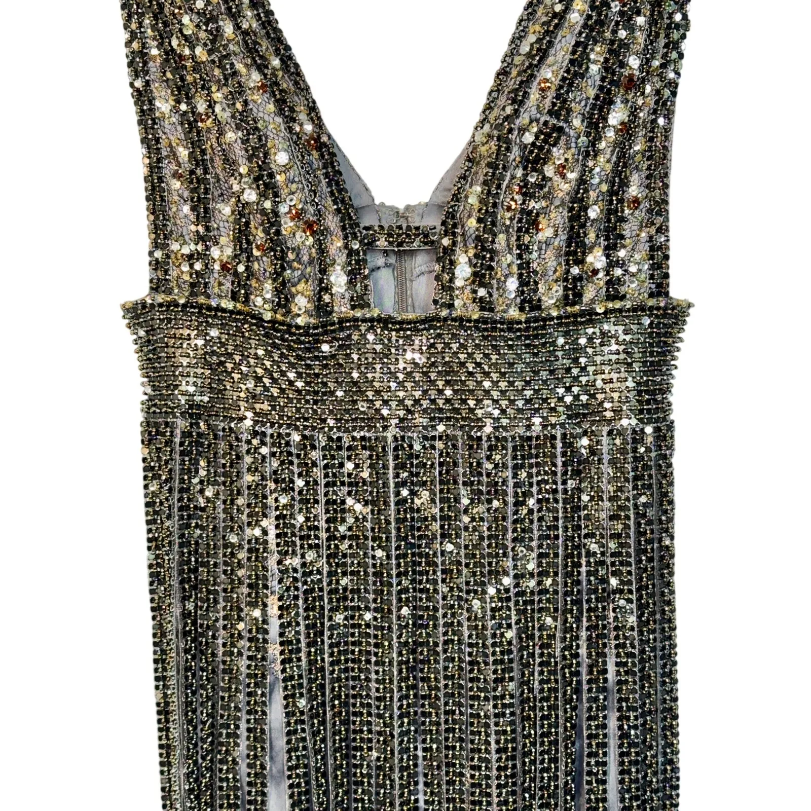 NWT Mandalay Gunmetal Silver Beaded Fringe Cocktail Formal Mini Dress Womens 12 - Image 3