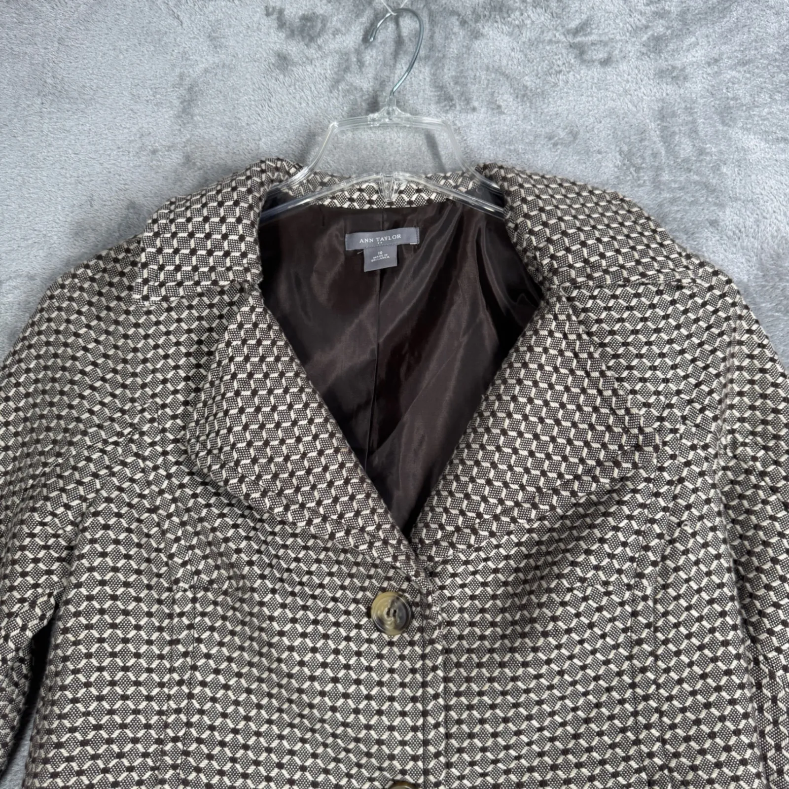 Ann Taylor Blazer Women 10 Brown Beige Geometric‎ Crop Jacket Workwear Preppy - Image 5
