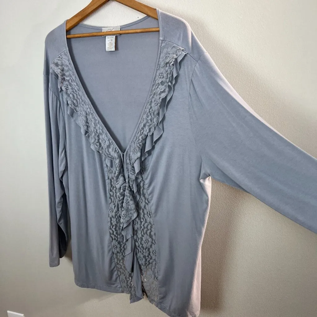 Midnight Velvet‎ Cardigan Top 3X Gray Lace Ruffle Knit V - Image 6