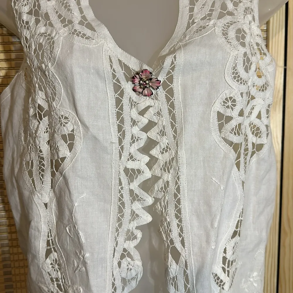Wimpole Street Vintage 1990s Y2K Crisp White Linen Cotton Lace Vest Large? - Image 7
