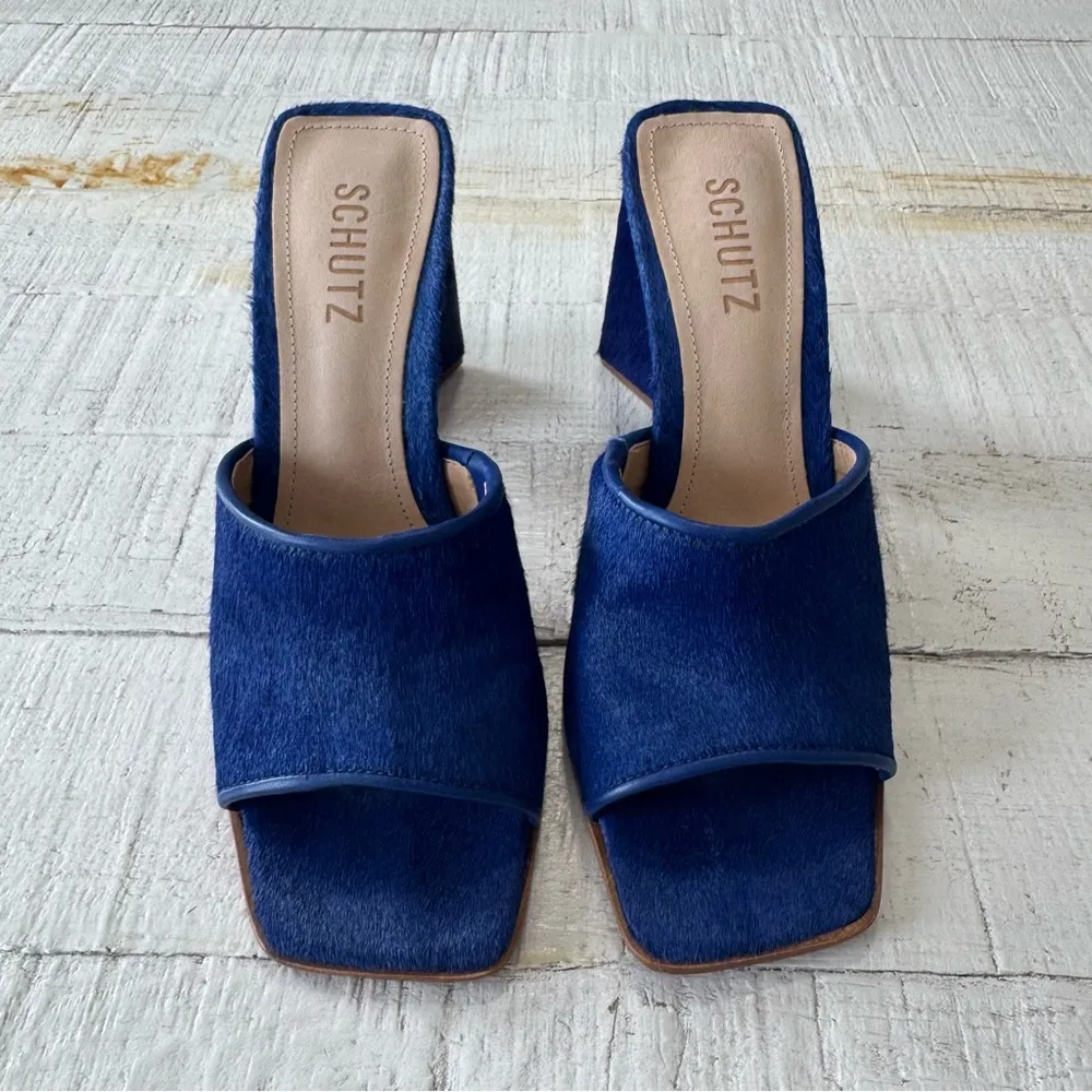 SCHUTZ Lizah Welt Wild NWOT size 7.5 Blue Calf Hair Leather Sandal Triangle Heel - Image 2