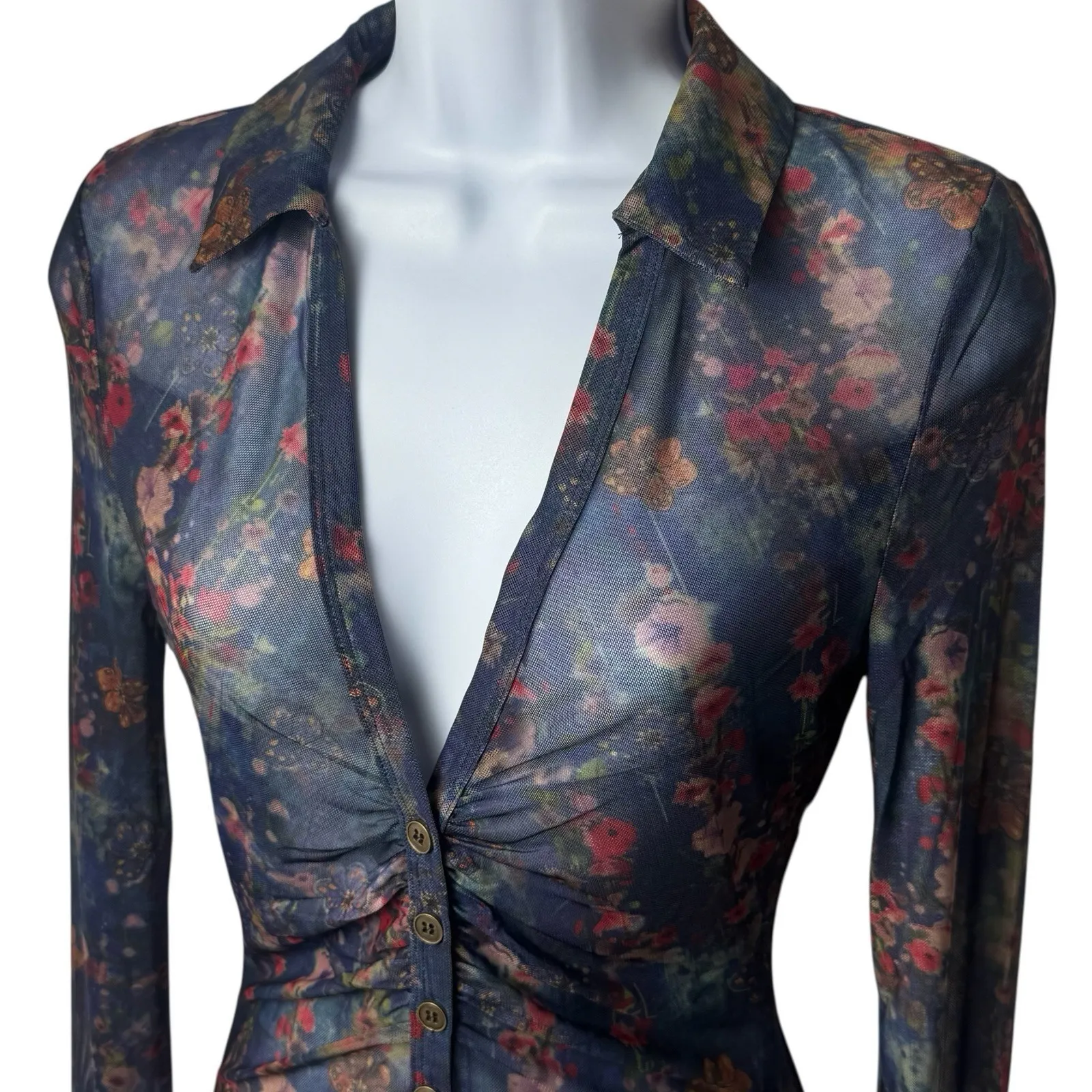 Natural Life Carina Sheer Mesh Floral Button Up Watercolor Boho Ethereal S - Image 3