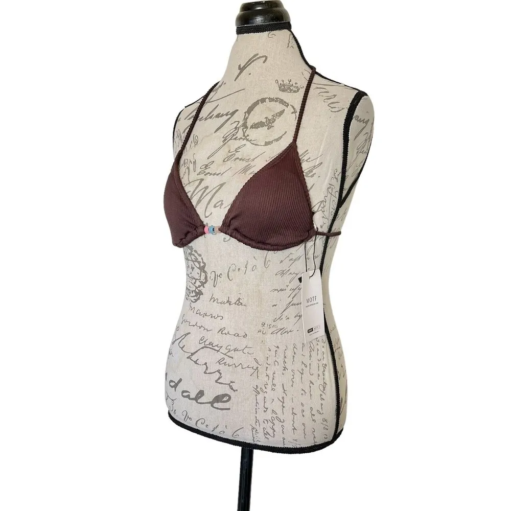 Motf Shein Bikini Bra Top Brown Ribbed Size XS Back Tied Beads Padded NWT Summer - Image 2