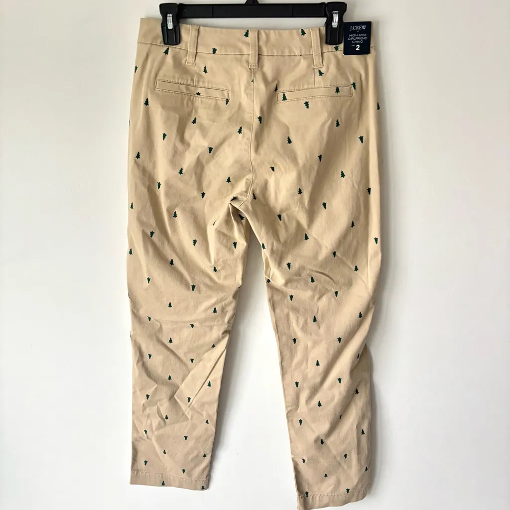 J. Crew High Rise Girlfriend Chino Pant Khaki Tan Green Christmas Trees Holiday - Image 9