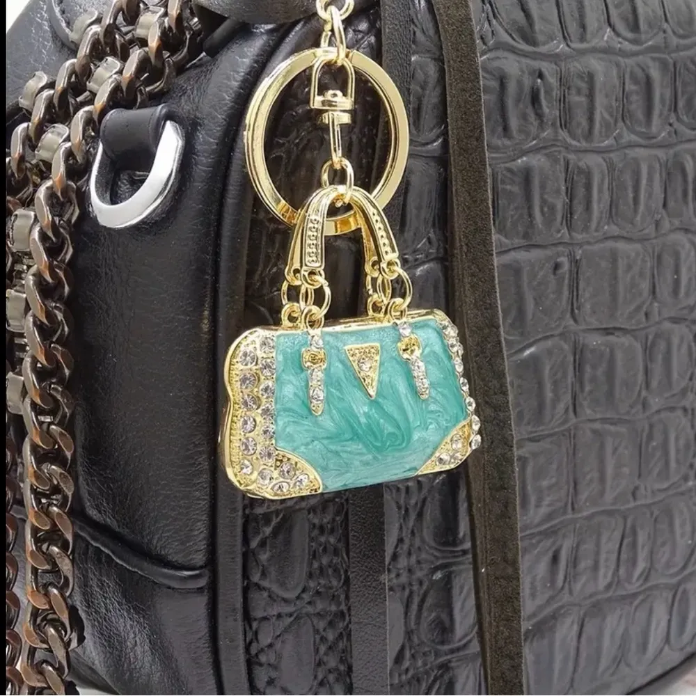 Turquoise & Gold Rhinestone Purse Bag Charm Keychain – Luxury Bling Accessory - Image 2