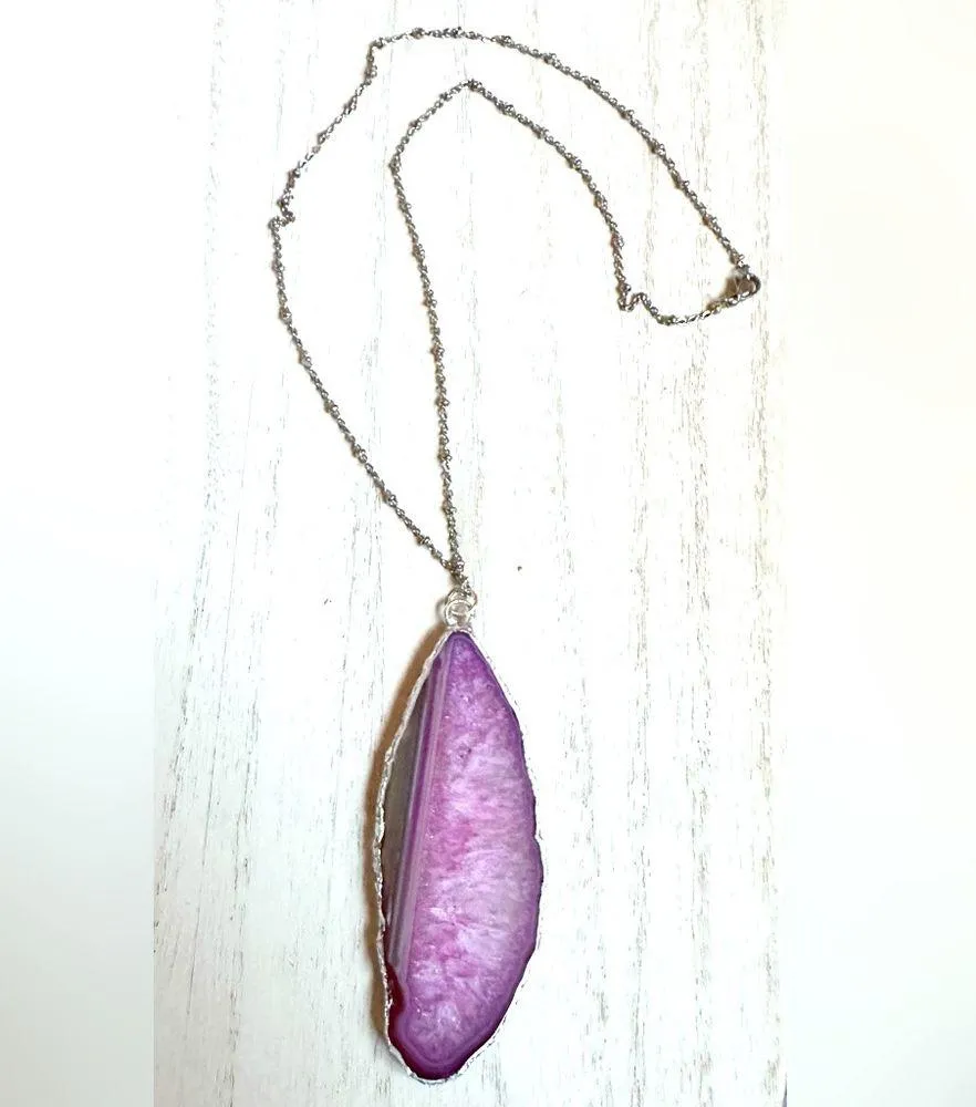 Necklace Pink Agate Geode Slice Silver Leaf Pendant Jewelry - Image 6