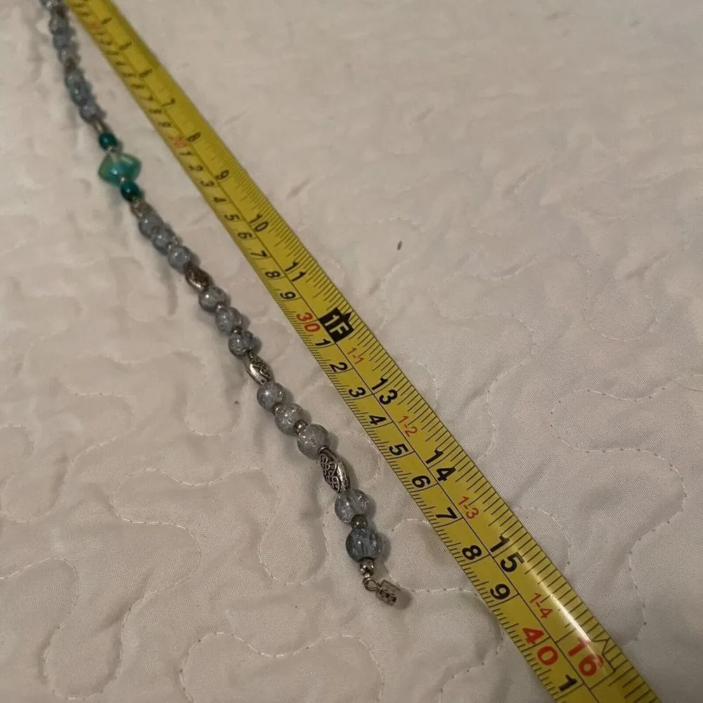 Women’s Bead Costume Necklace Beaded Silver Tone Blue Glass Choker - Image 6