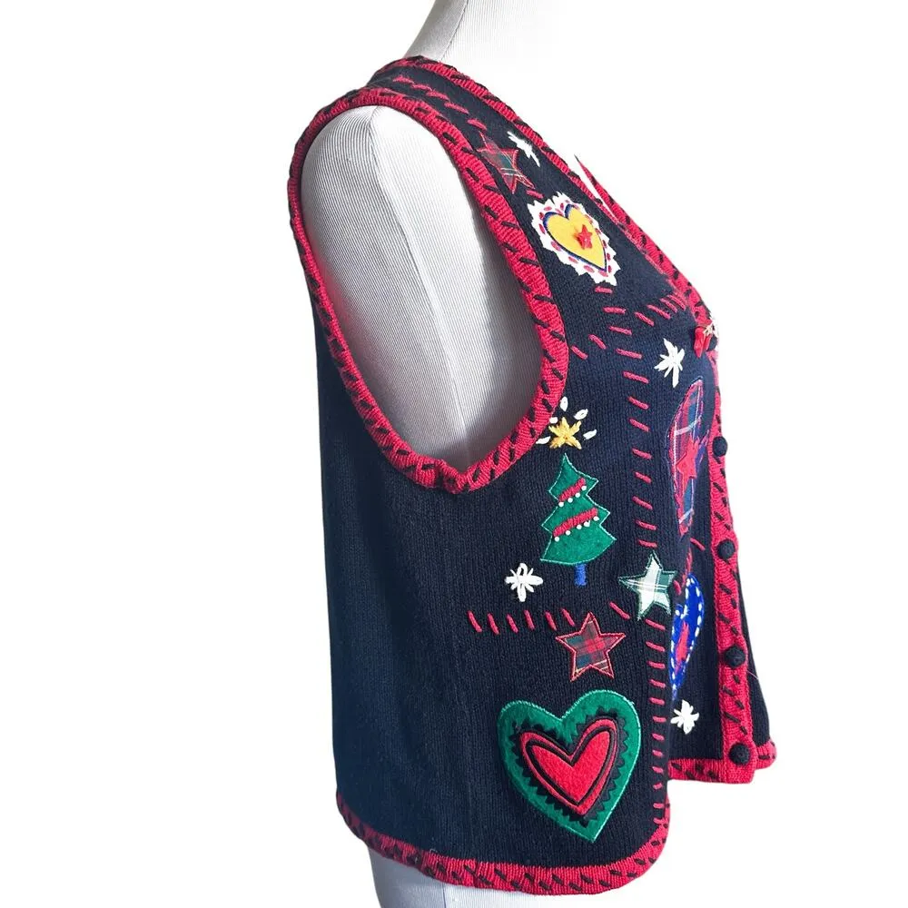 Studio Works Vintage Patchwork Stitch Christmas Holiday Vest Black Red Medium - Image 4