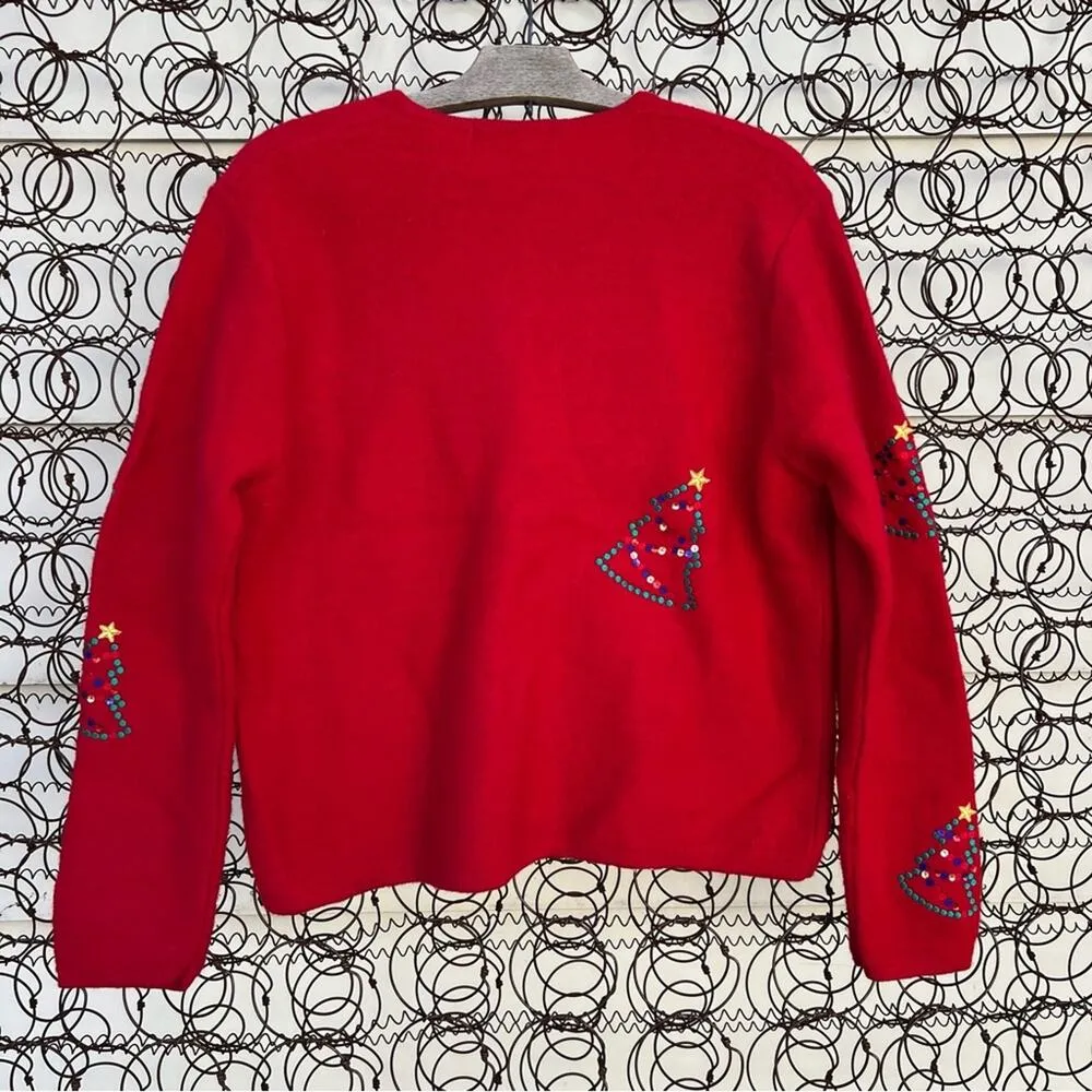 Vintage 90s red wool sequin Ugly Christmas tree embroidered cardigan sweater PL Size undefined - Image 4