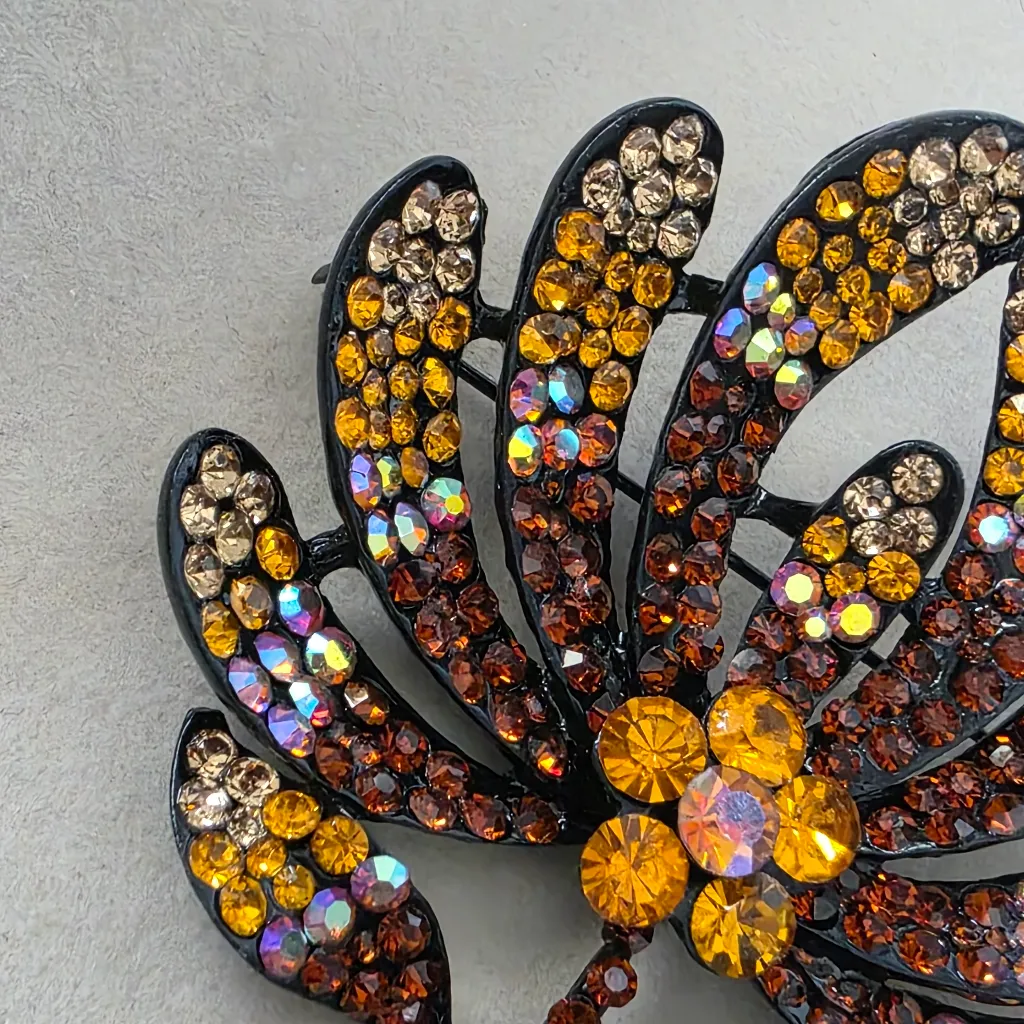 Statement Flower Brooch Pin Black with Gold Tone Crystal Stones - Image 3