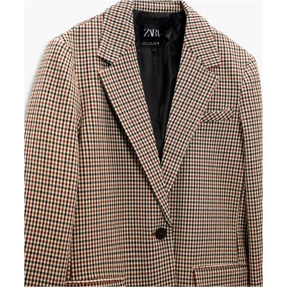 ZARA NEW WOMAN PLAID CHECK BLAZER BLACK RED CAMEL JACKET S - Image 2