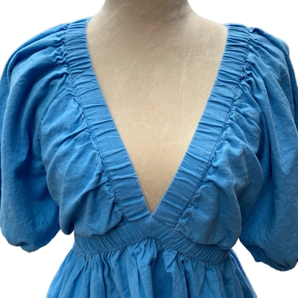 Abercrombie Linen Cotton Blend Puff Sleeve Blue Babydoll Plunge Top Size Small - Image 2