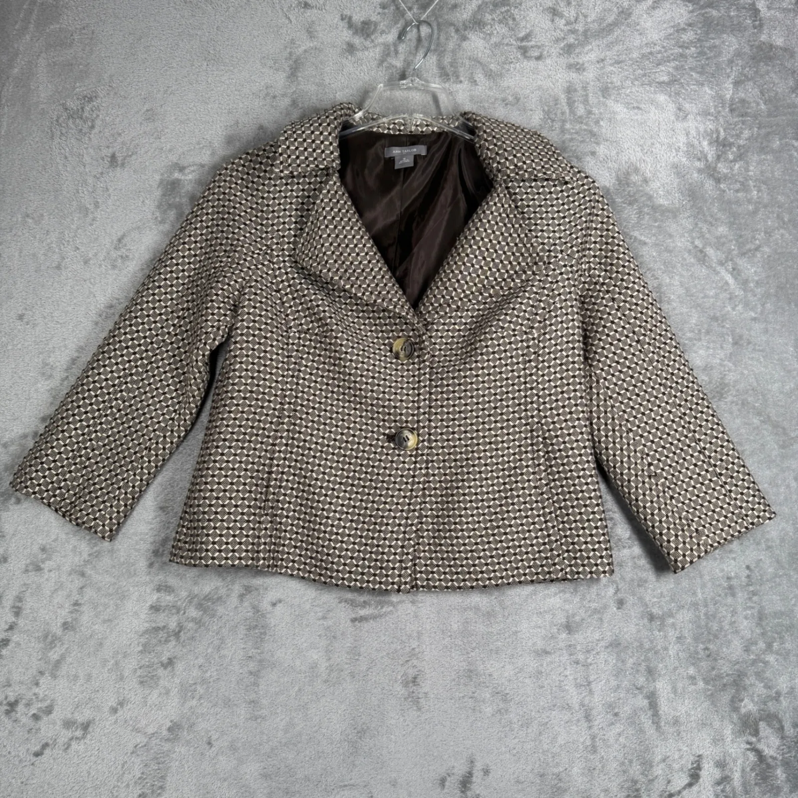 Ann Taylor Blazer Women 10 Brown Beige Geometric‎ Crop Jacket Workwear Preppy - Image 2