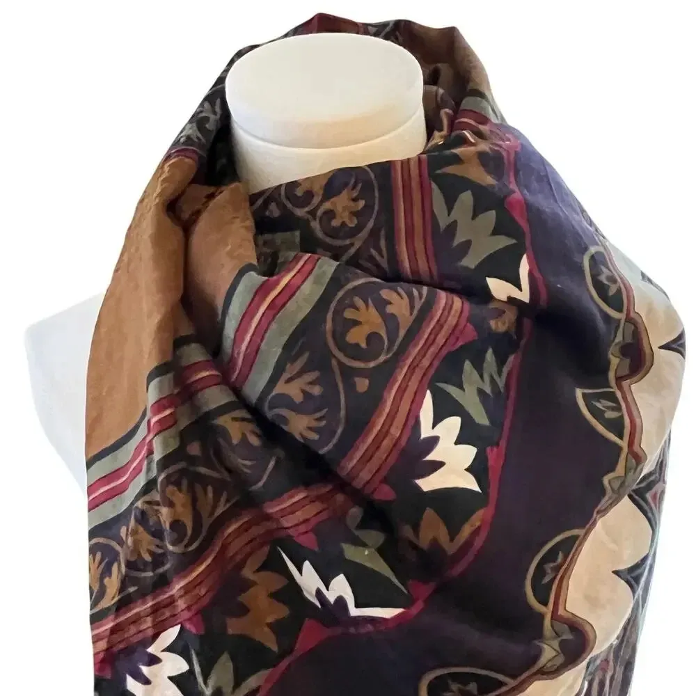 Italian Made Damask Square Scarf 45 Grecian Print Brown Purple - Image 2