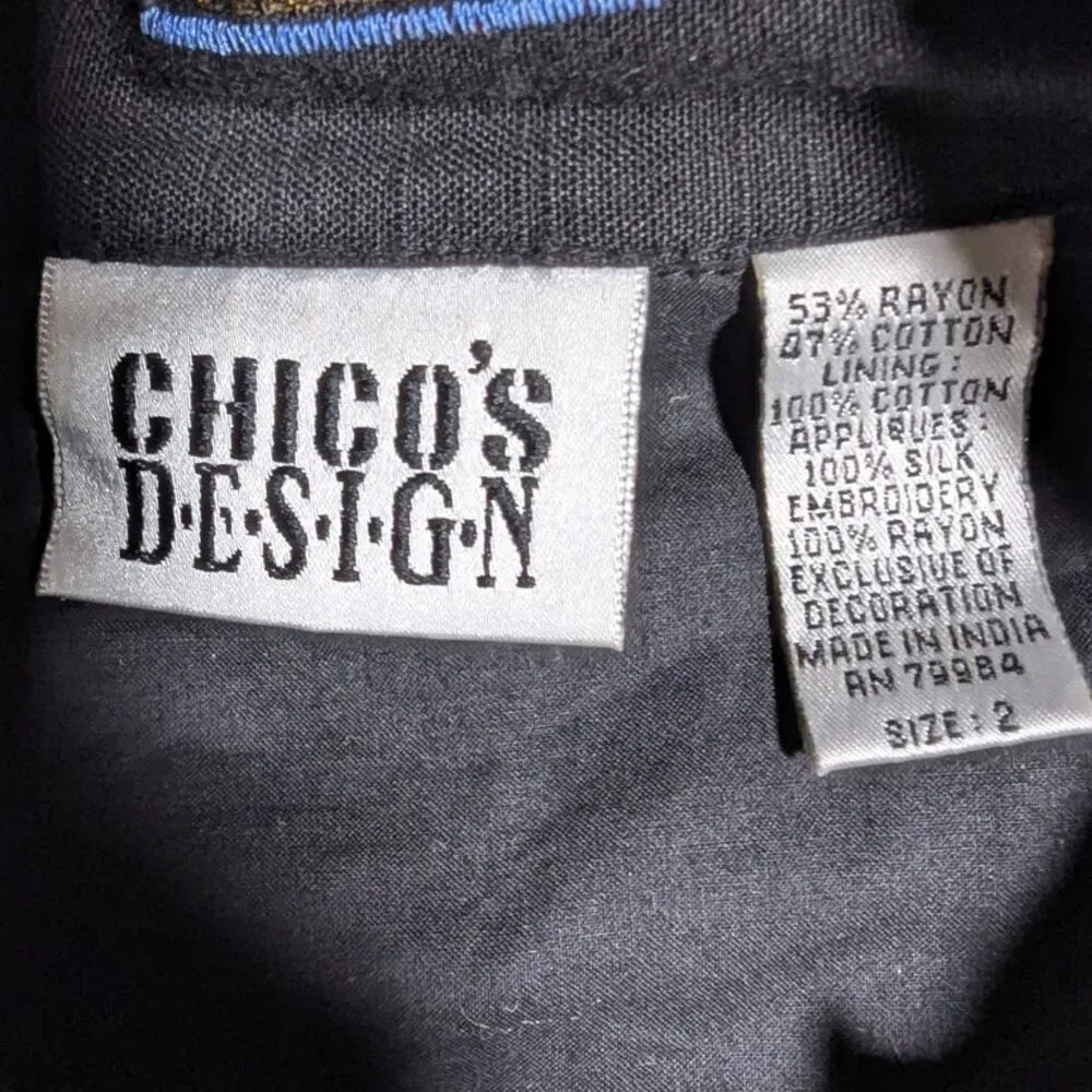 Vtg 1990s Chico's Black Blue Geometric Embroidered Button Up Collared Jacket 2 M Size M - Image 4