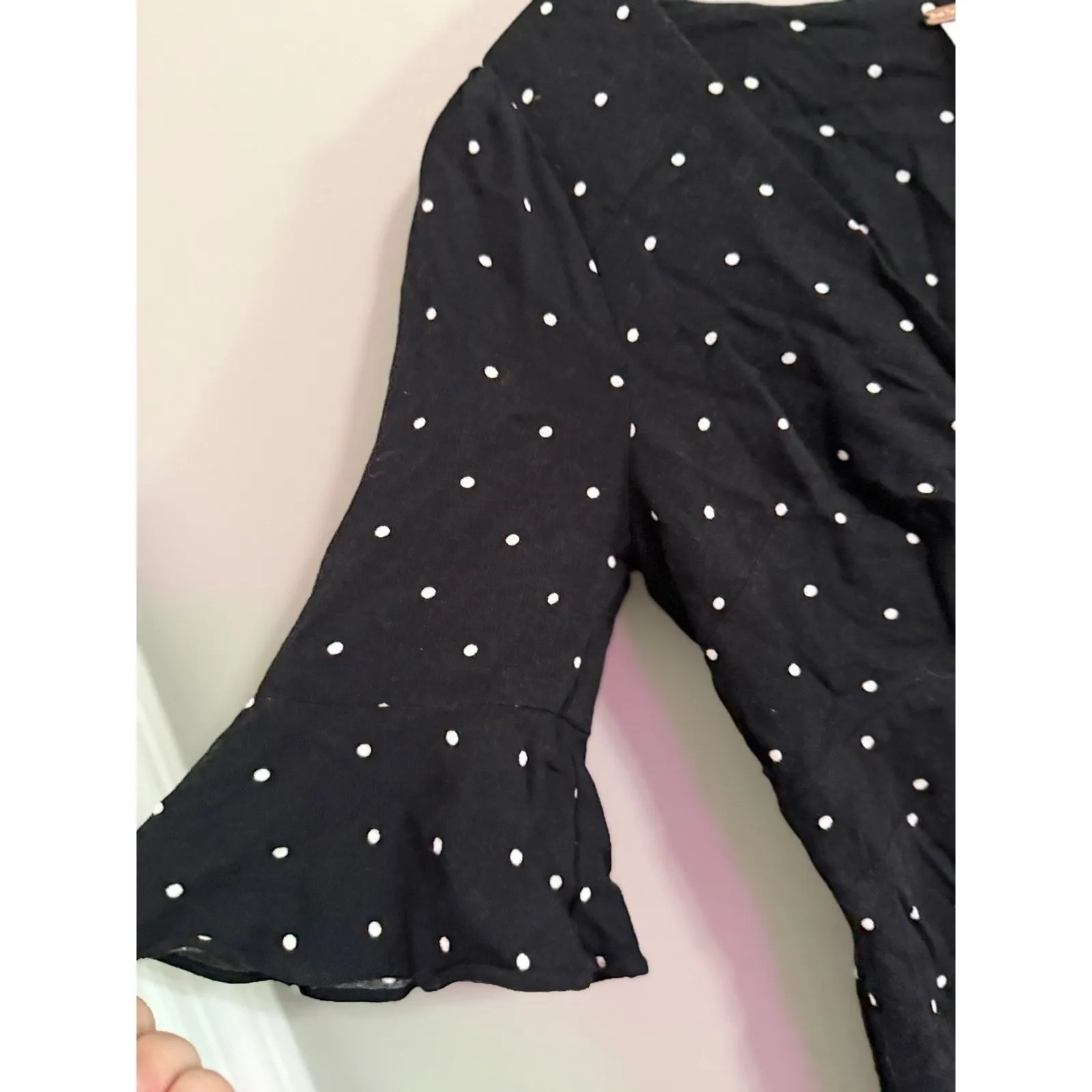 Free People Black Polka Dot Tie Front Flutter Sleeve Mini Dress‎ - Image 4