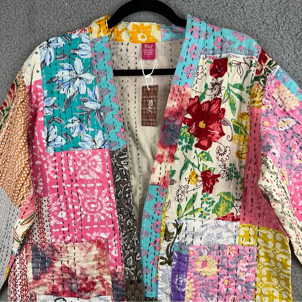 Raj Jacket Womens Medium Patchwork Quilted Kantha Kimono Open Front Duster NWT Pink - Image 4