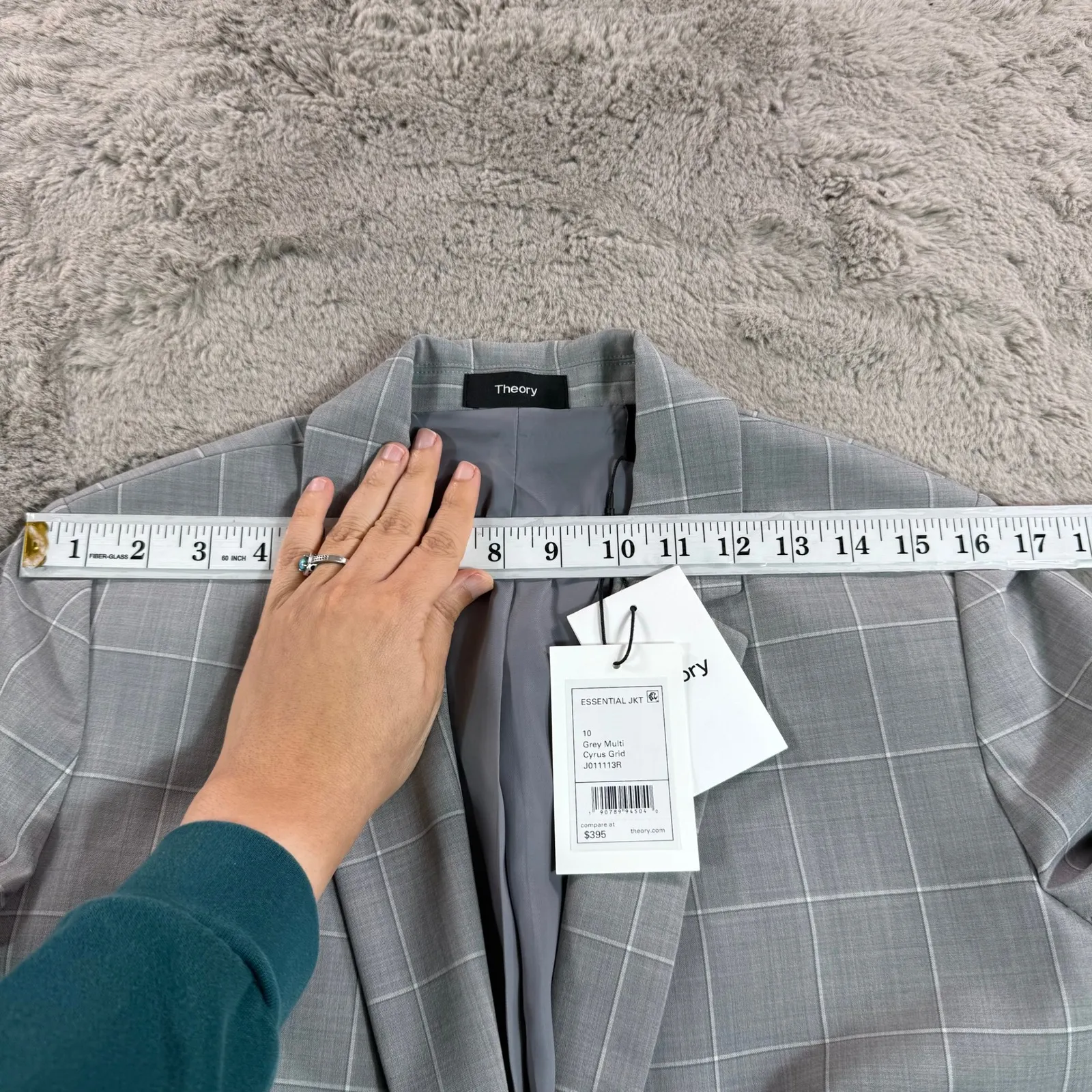NWT Theory Essential Jacket Cyrus Grid Grey Wool Women Blazer Sz 10 Career‎ $395 - Image 10