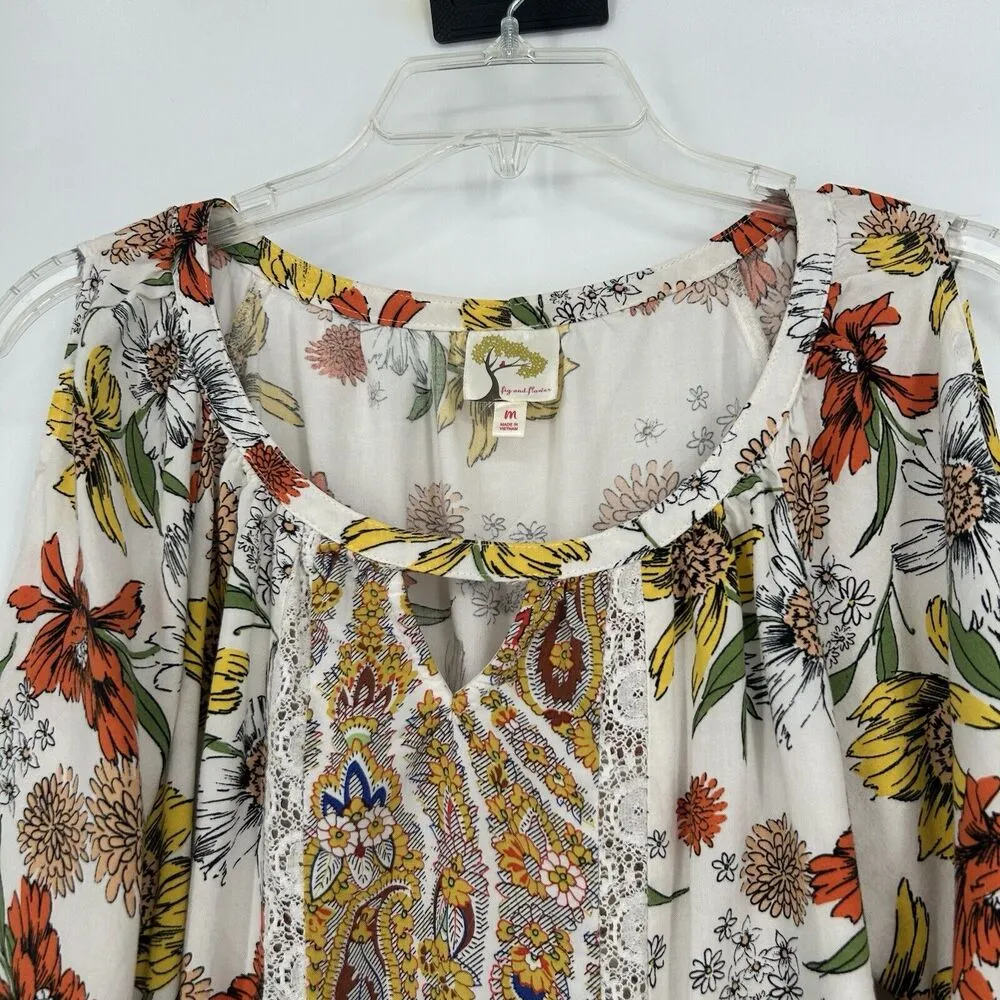 Fig & Flower Boho Peasant Top White Lace Long Slit Balloon Sleeves Yellow Size M Size M - Image 2