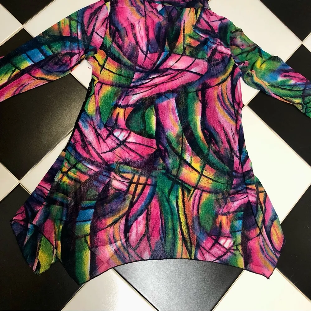 Vintage Creation Sheer Lace Cut Outs Bright Neon Abstract Mini Dress Tunic Mesh Multiple - Image 6