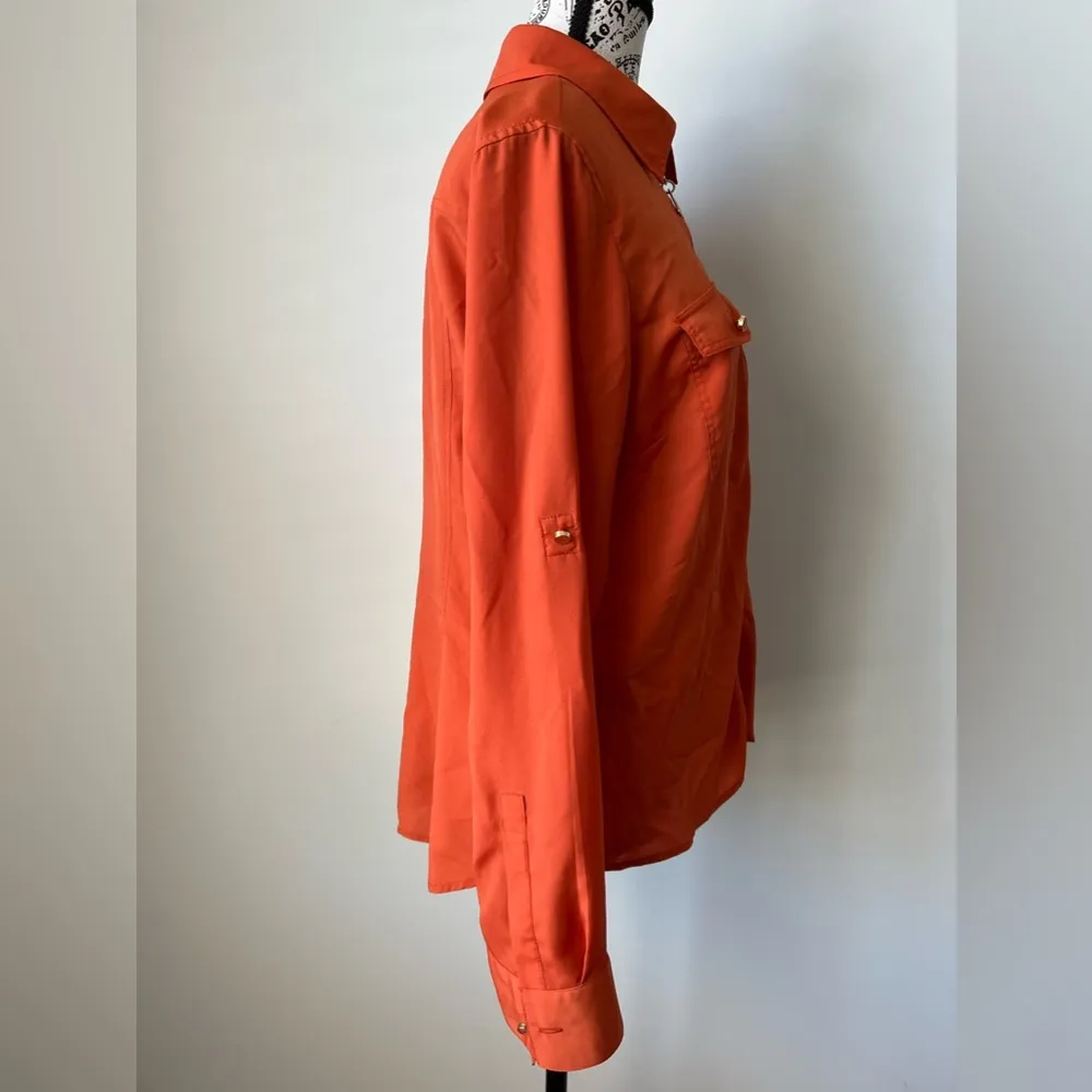 Michael Kors Zip Front Polyester Long Sleeve Burnt Orange size Large Blouse - Image 4