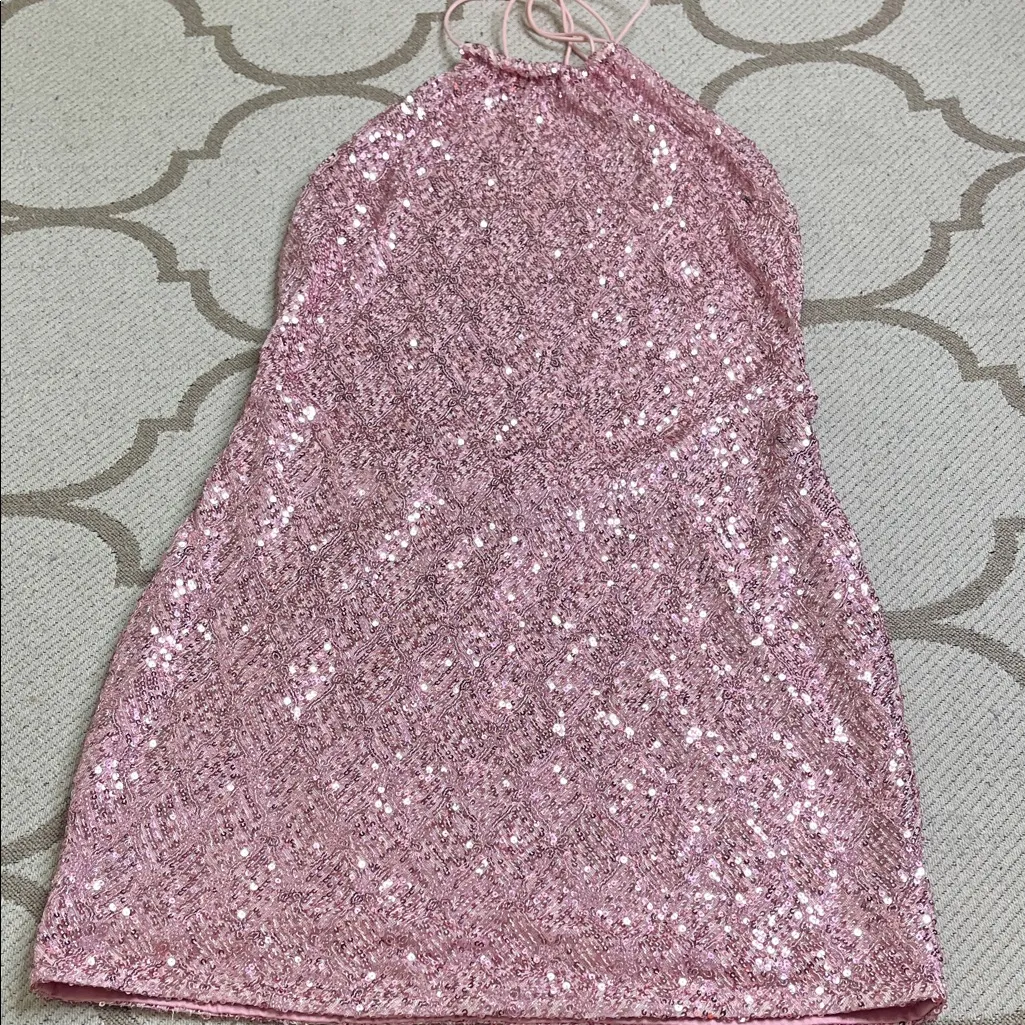 Edikted Sparkling Pink Sequin Open Back Halter Mini Dress, size large - Image 5