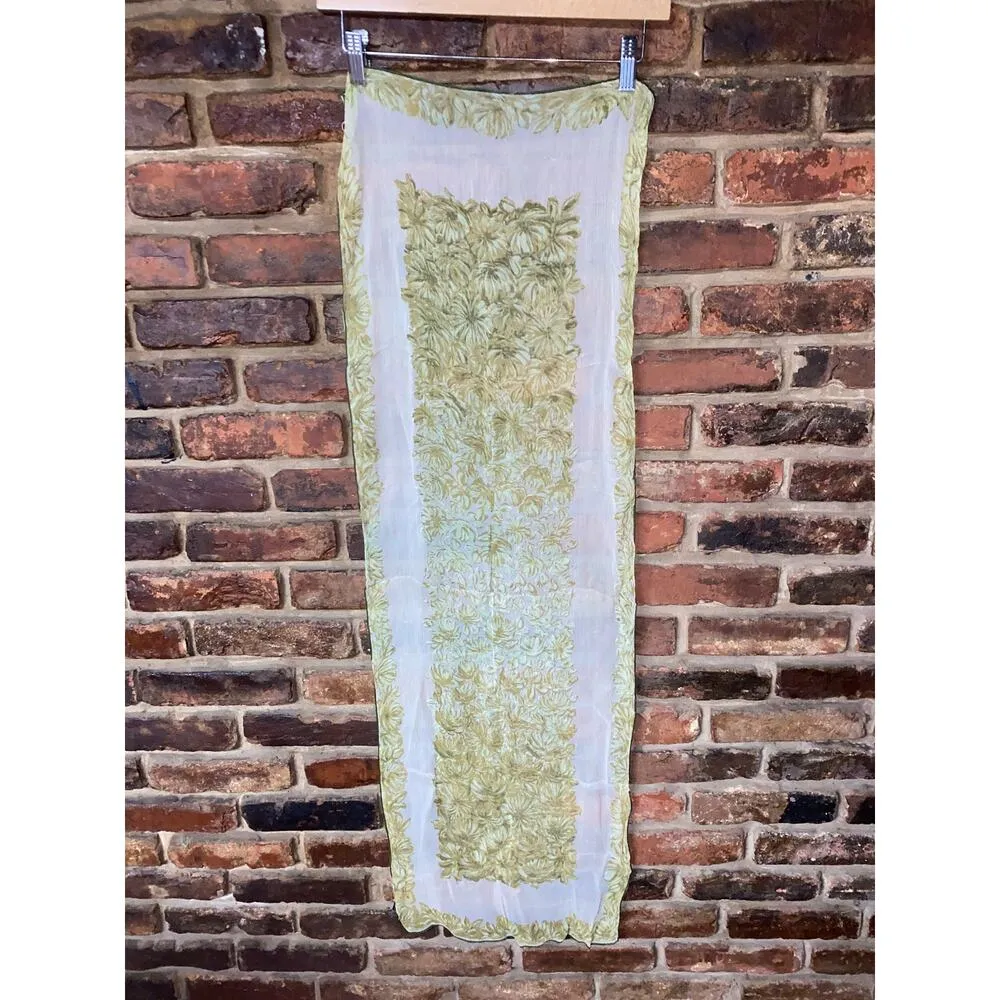 Cravenette Vintage 100% Silk Water Repellent White Green Floral Rectangle Scarf - Image 5