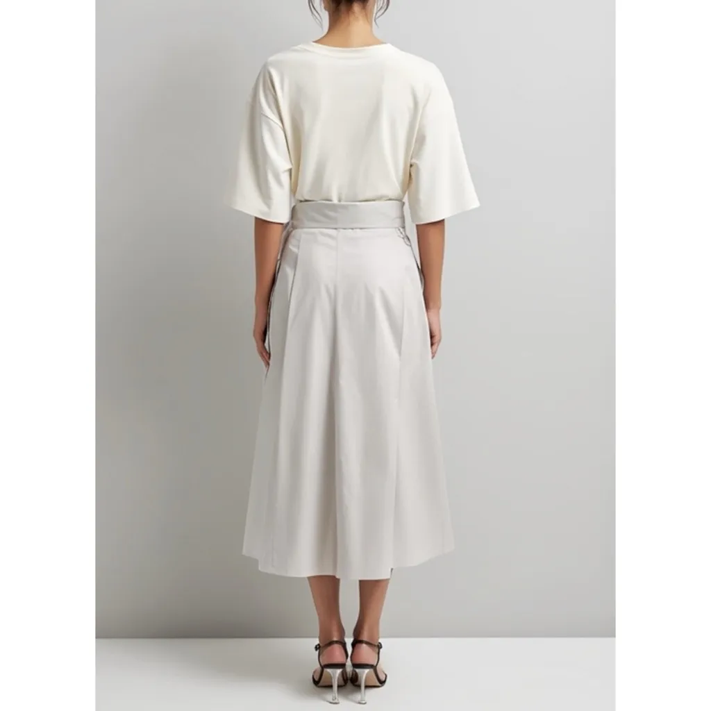 TIBI Eco Poplin Back Wrap Midi Skirt, Stone, 12 (US) - Image 3