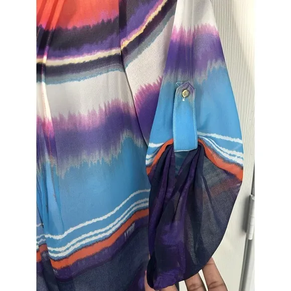 Chaus Women Multicolor Tie Dye Roll Tab Sleeves Blue Shirt‎ Sz Large Mesh Casual - Image 4