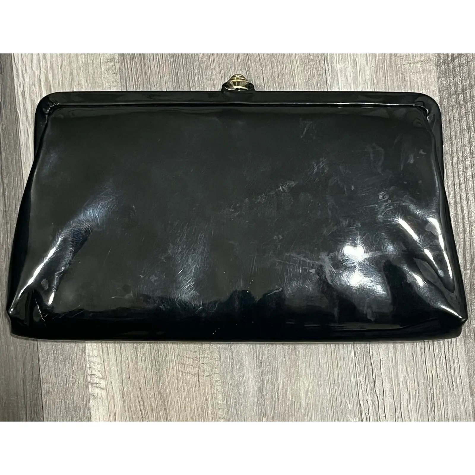 VTG Mid Century Shiny Black Patent Leather Look Clutch Purse Evening Bag Bow - Image 2