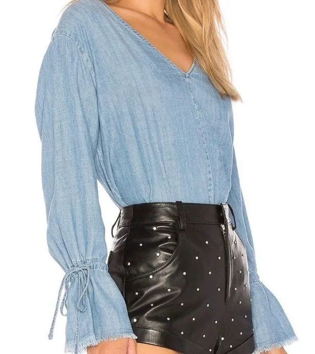 Chambray Zimi Top Blue Bell Sleeve Raw Hem - Image 2