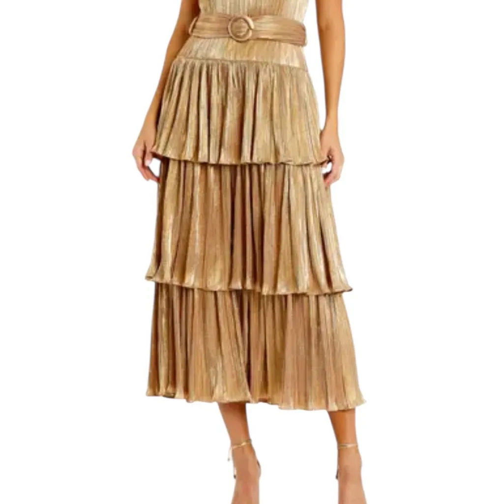 NWT Mac Duggal 27062 Tea-Length Metallic Plissé Midi Dress Party Gold Size 6 - Image 4