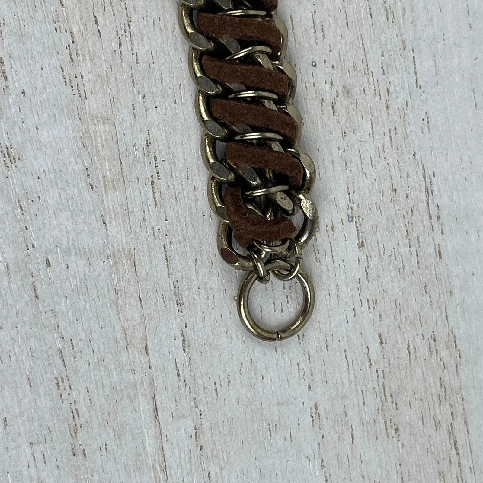 Gold Tone Chunky Chain Link Bracelet Brown Braided Faux Leather Cord Edgy NWOT - Image 8