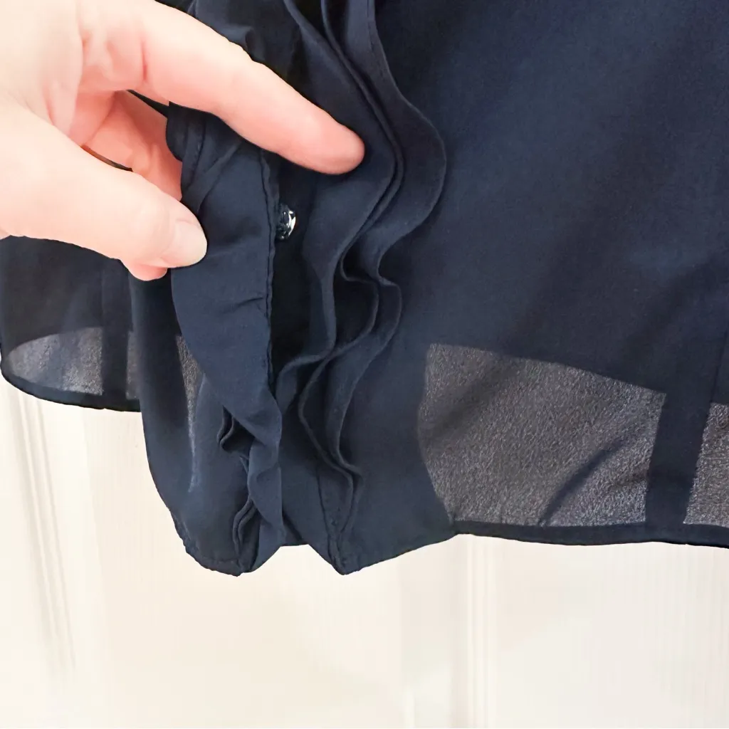 Anne Klein Sleeveless Sheer Ruffle Trim Blouse Top Navy Blue sz Medy - Image 3