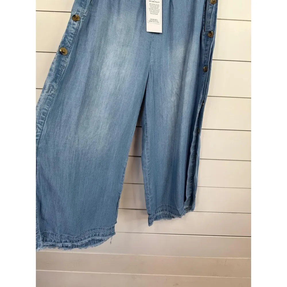 For The Republic Chambray Size S Wide Leg Side Button Frayed Hem Ankle - Image 6