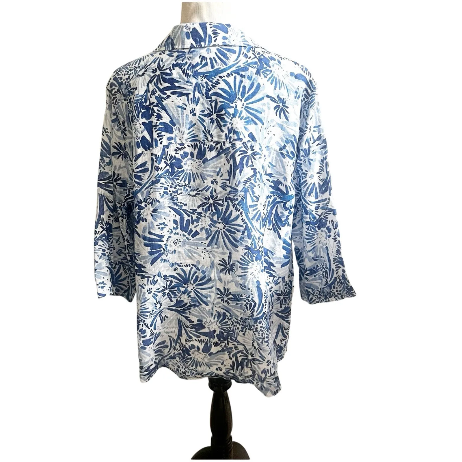 Cynthia Rowley Popover 100% Linen Tunic Plus Size 1X Blue Floral Button Sides - Image 2