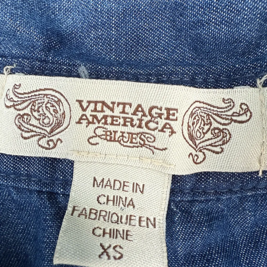 Vintage America Denim Blue Embroidered Blouse Size XS - Image 2