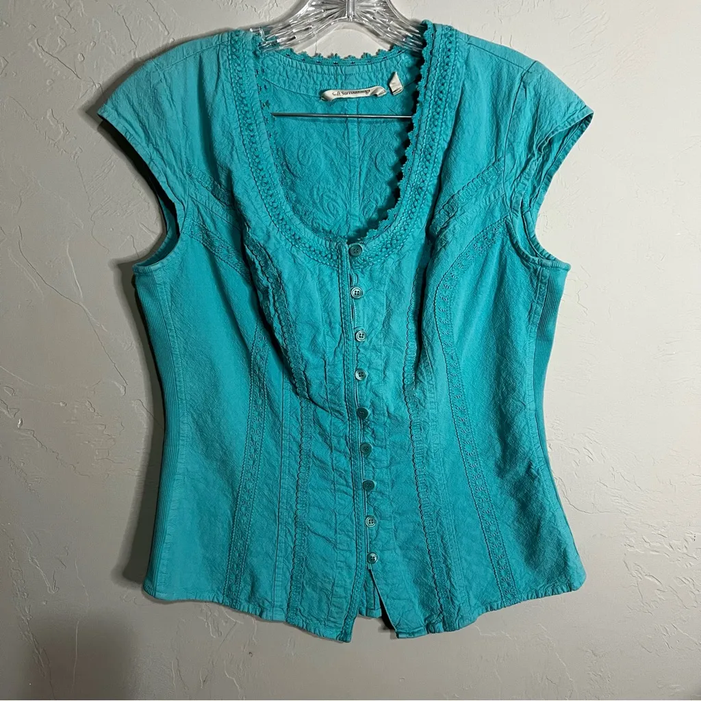 Soft Surroundings Taos Teal Blue Braided Embroidered Romantic Cap Sleeve Blouse - Image 2