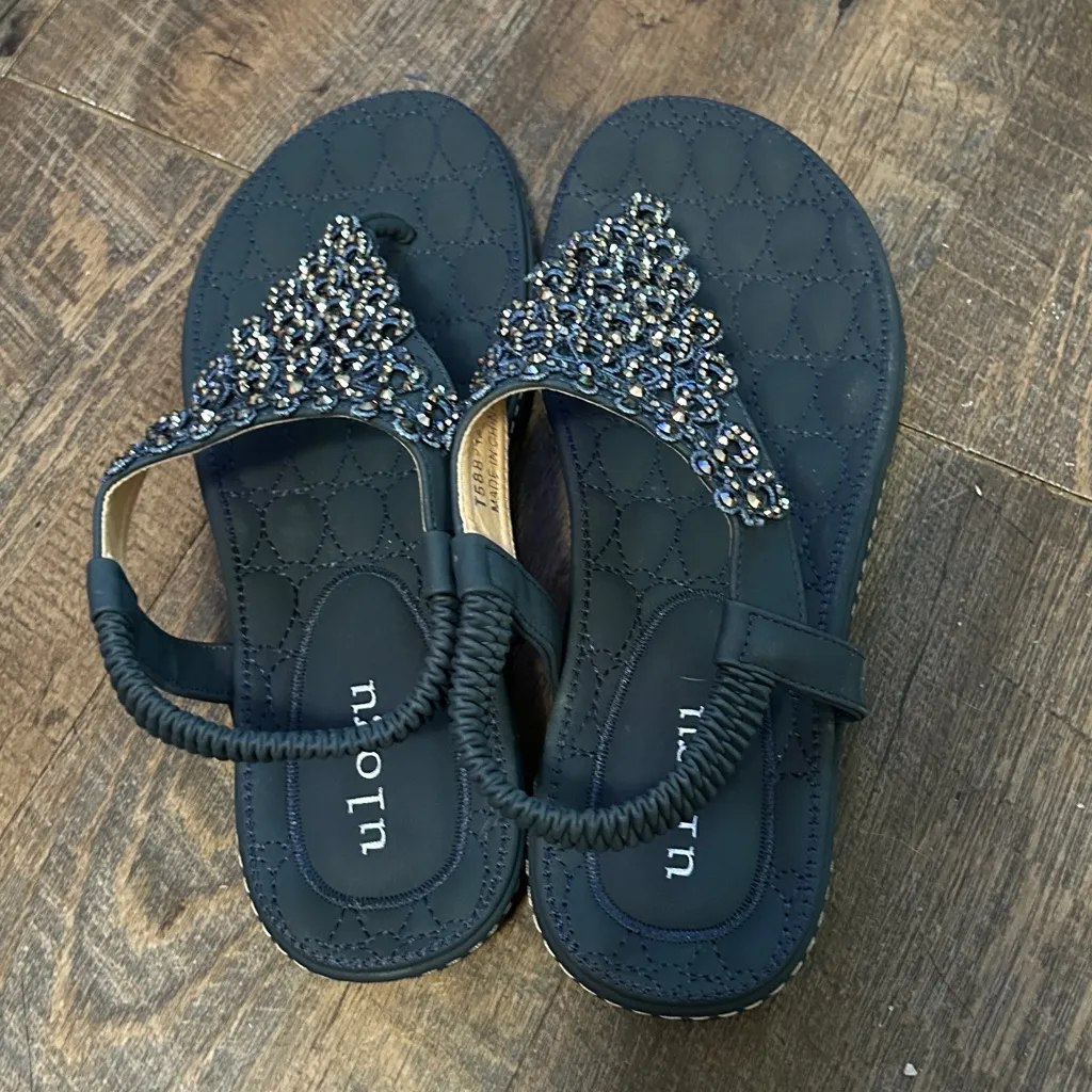 Ulogu Navy Blue thong flat sandals with rhinestone beaded embellishments Size 40 - Image 3